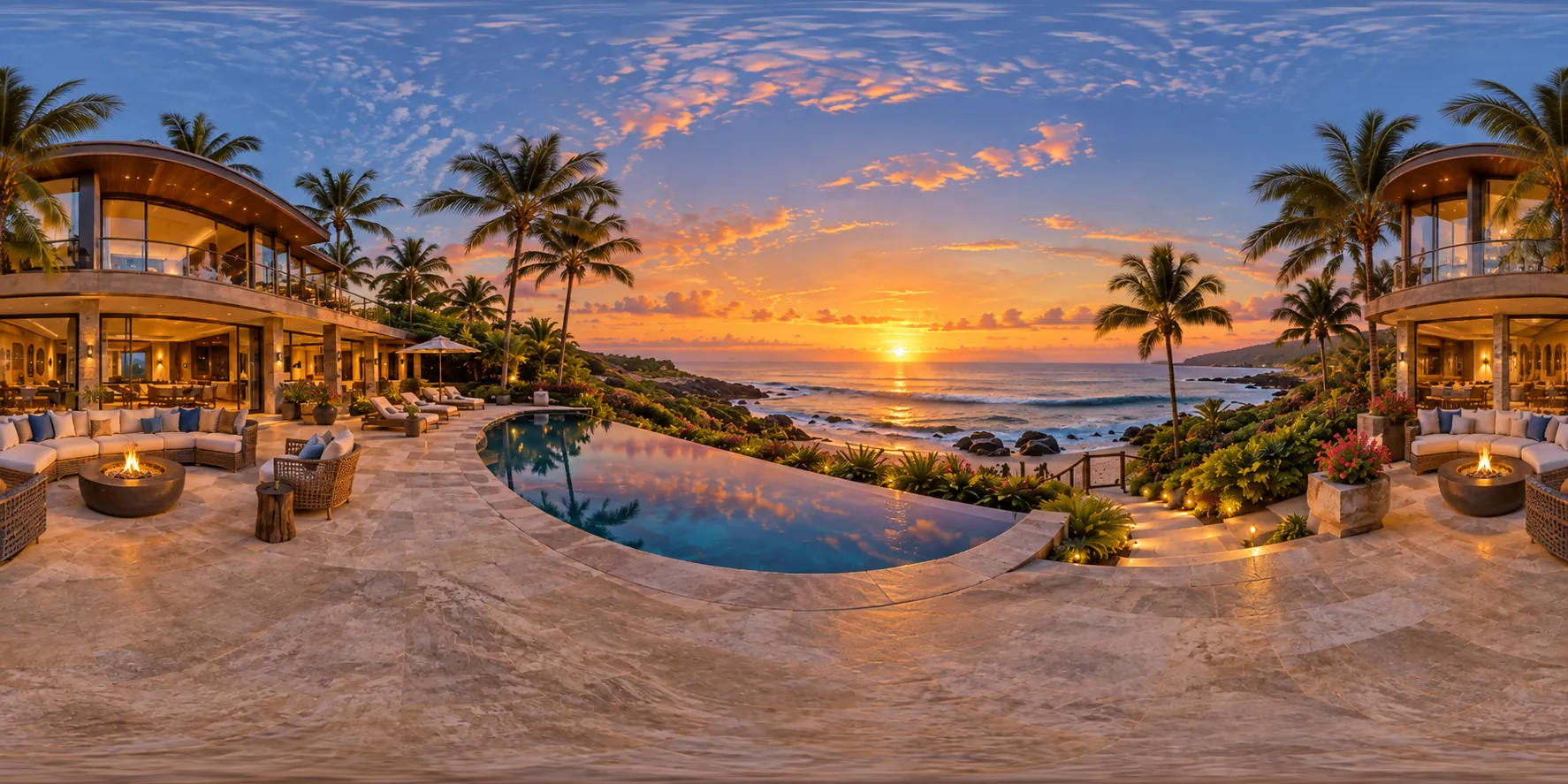 Beachfront villa, pool, and ocean at sunset, captured as a 360 photo